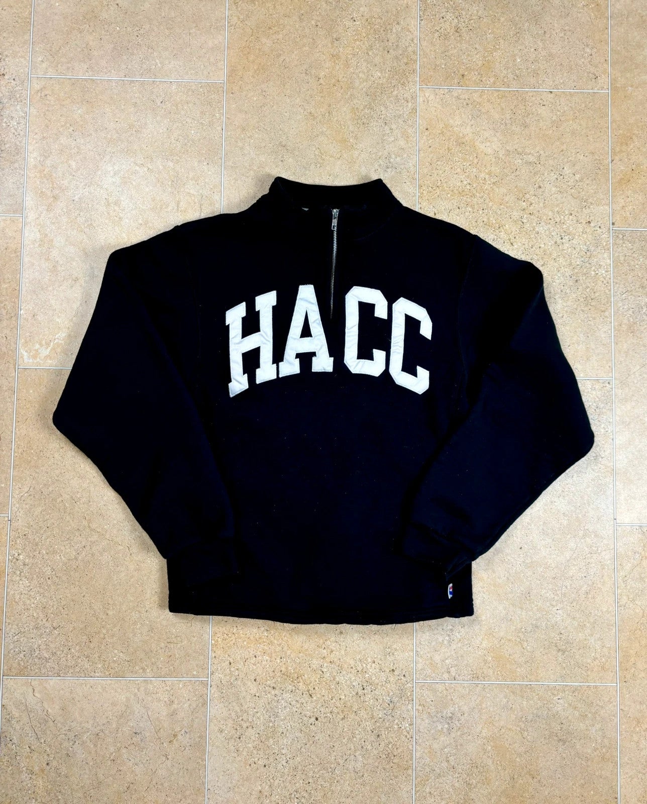 russell athletic HACC quarter zip USA boxy sweatshirt jumper black w/ pockets S Raw Retro.