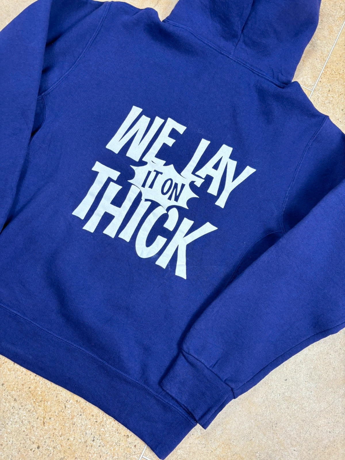 russell athletic USA 'we lay it on thick' double graphic print boxy pullover hoodie purple M Raw Retro.