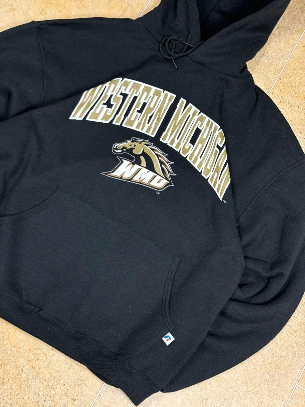 00s 2k russell athletic pullover USA western michigan boxy hoodie black L Raw Retro.