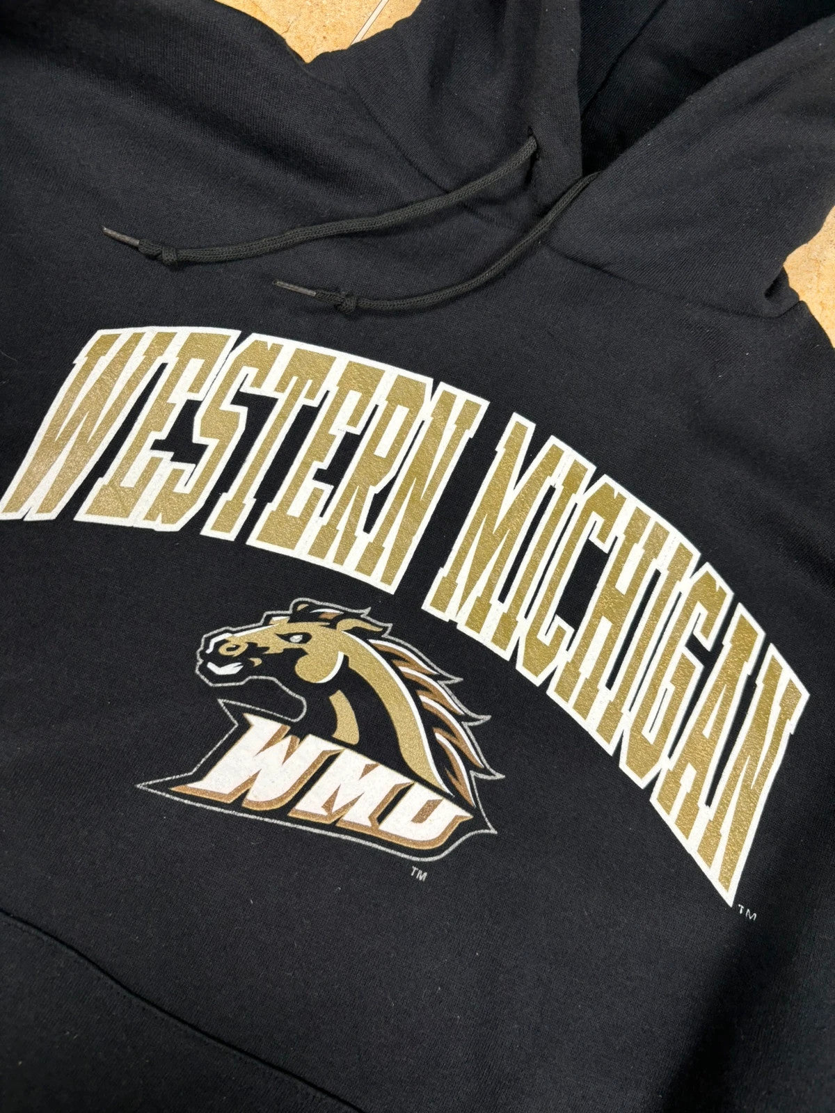 00s 2k russell athletic pullover USA western michigan boxy hoodie black L Raw Retro.