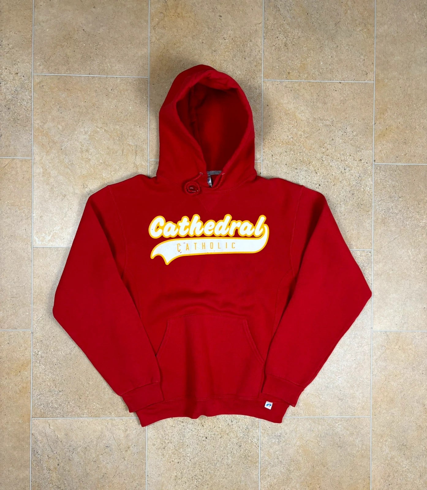 russell athletic pullover USA cathedral catholic print boxy hoodie red M Raw Retro.