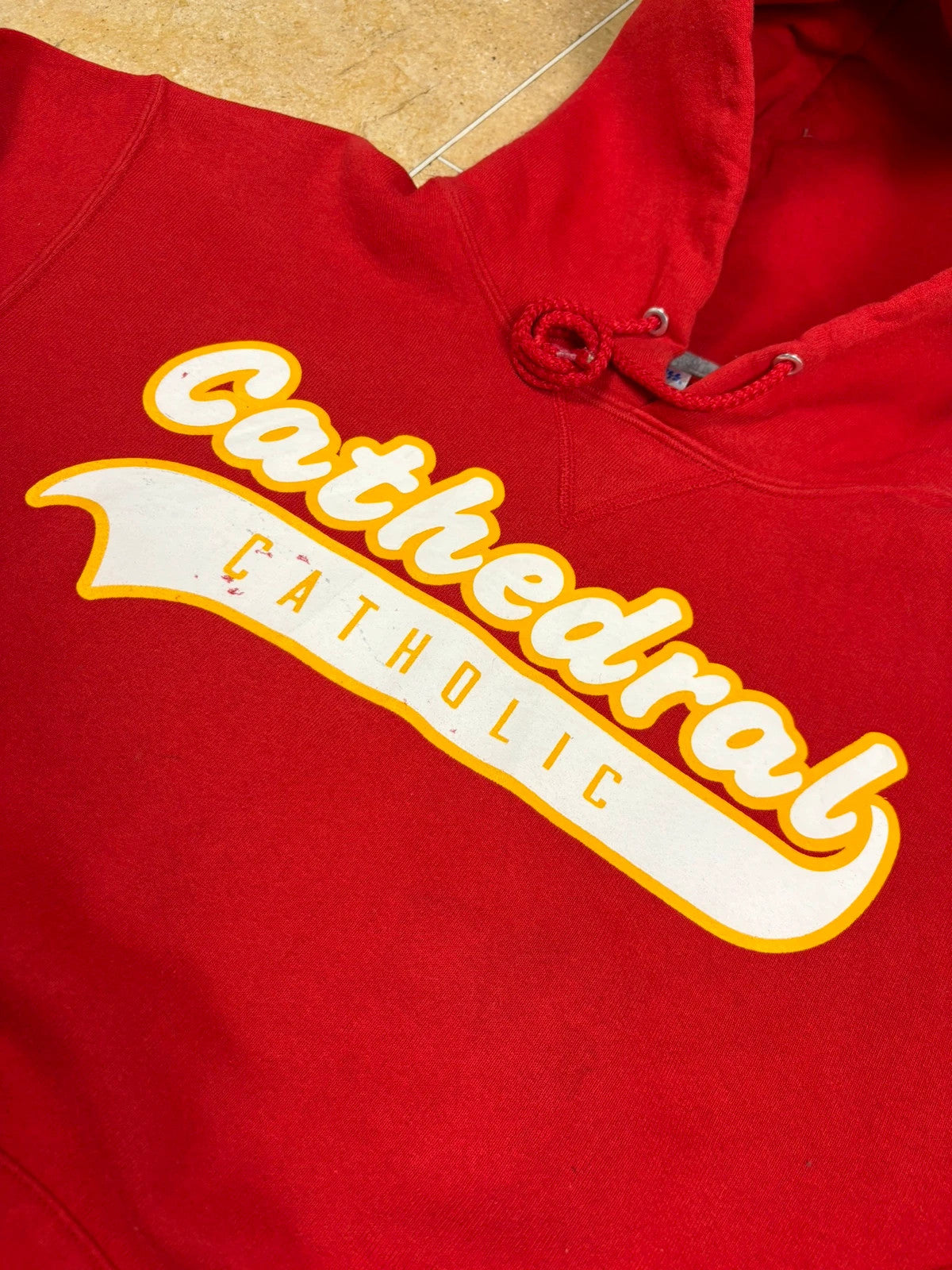 russell athletic pullover USA cathedral catholic print boxy hoodie red M Raw Retro.