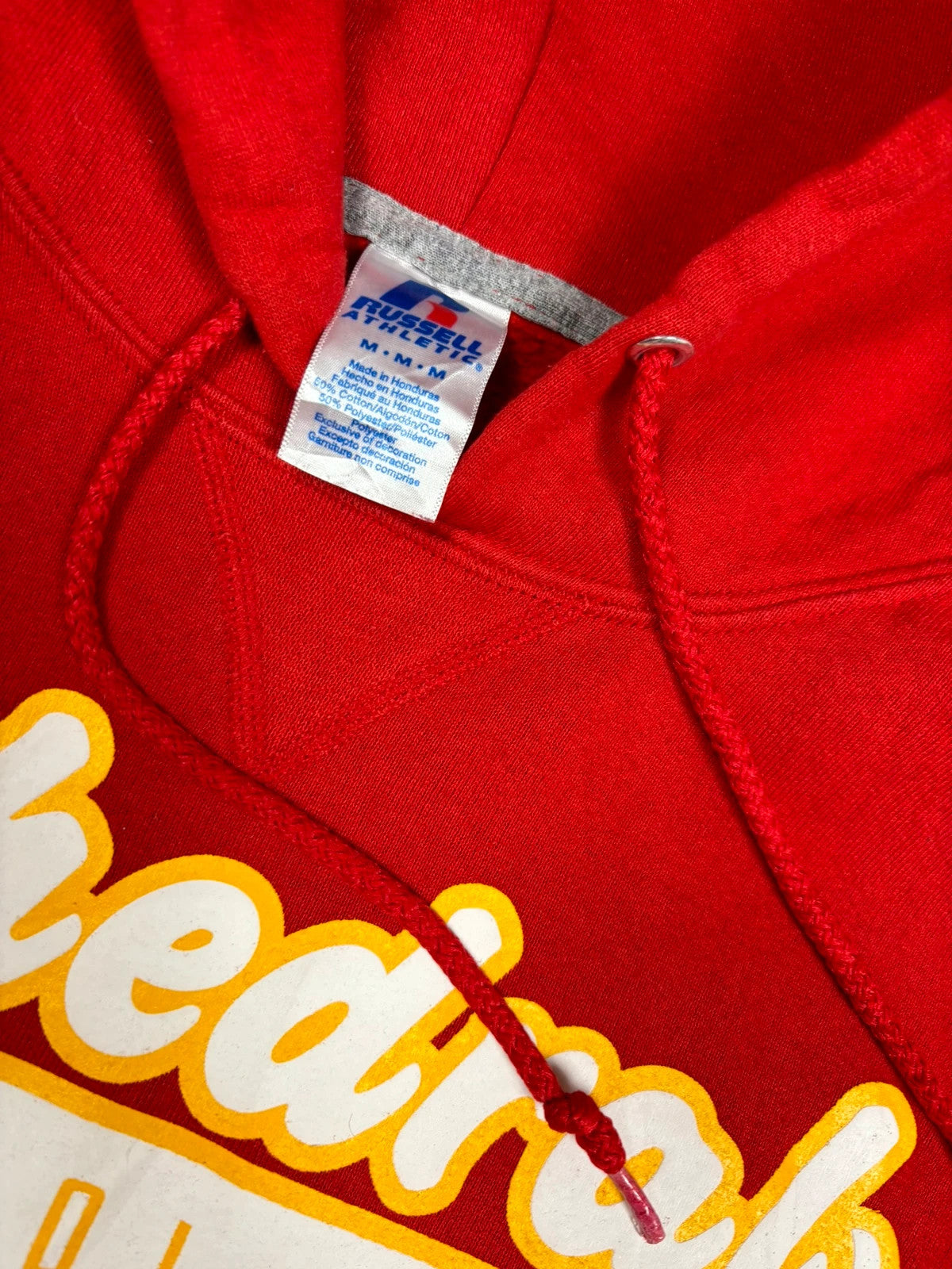 russell athletic pullover USA cathedral catholic print boxy hoodie red M Raw Retro.