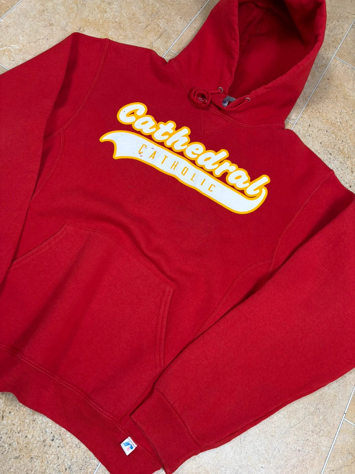 russell athletic pullover USA cathedral catholic print boxy hoodie red M Raw Retro.