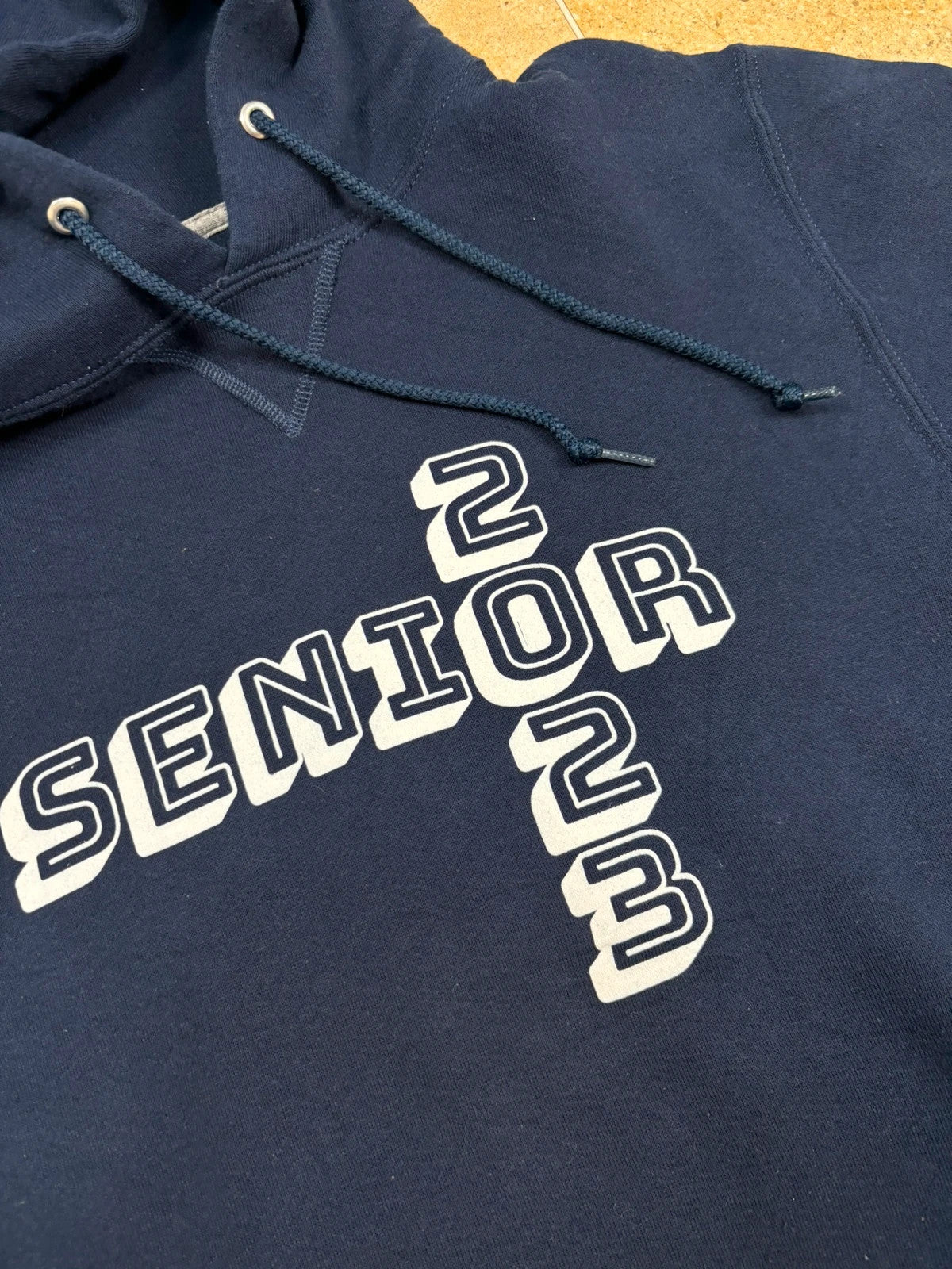 russell athletic pullover american college seniors with arm graphic USA boxy hoodie navy M Raw Retro.