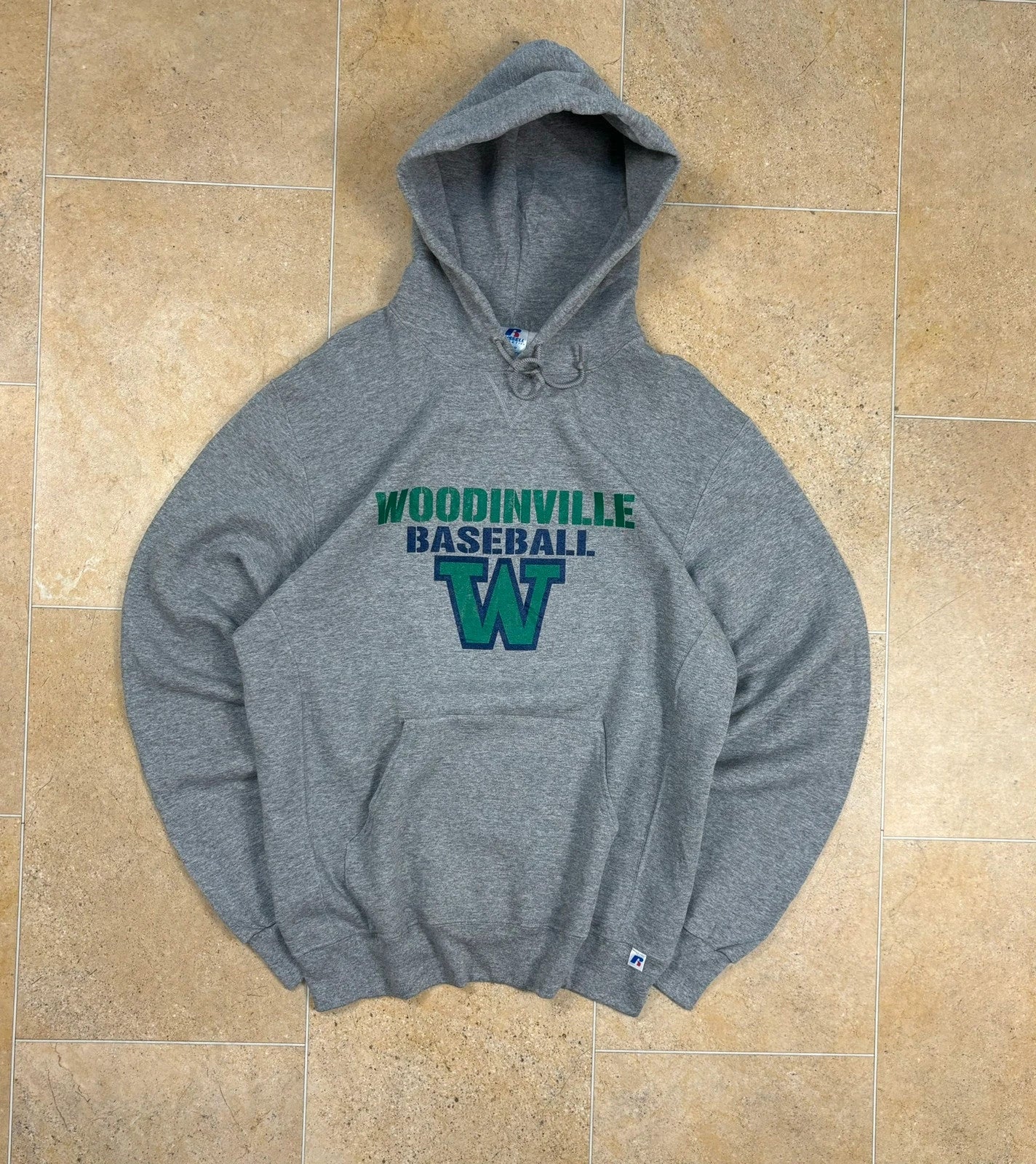 russell athletic pullover USA woodinville baseball boxy hoodie grey L Raw Retro.