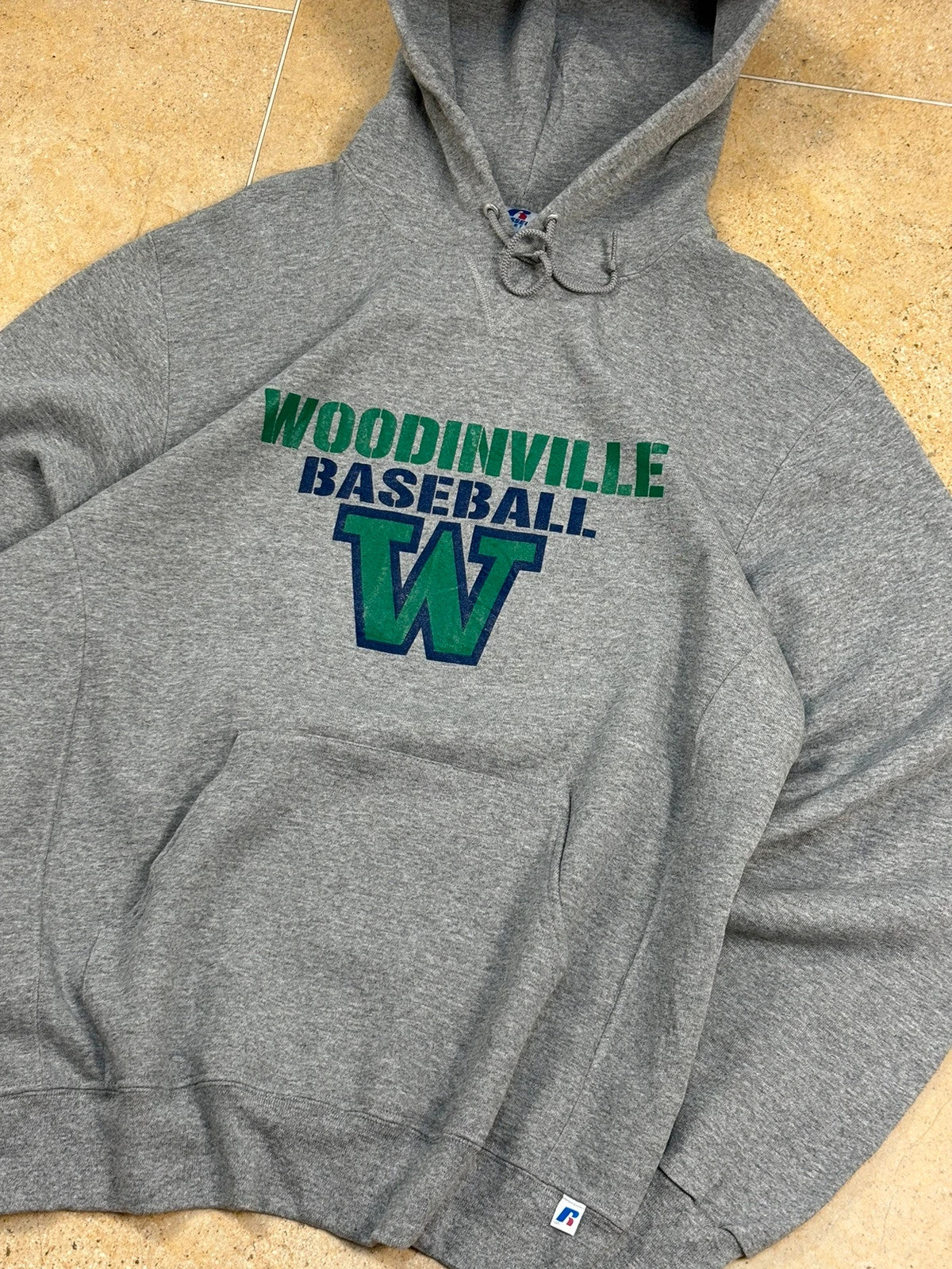 russell athletic pullover USA woodinville baseball boxy hoodie grey L Raw Retro.