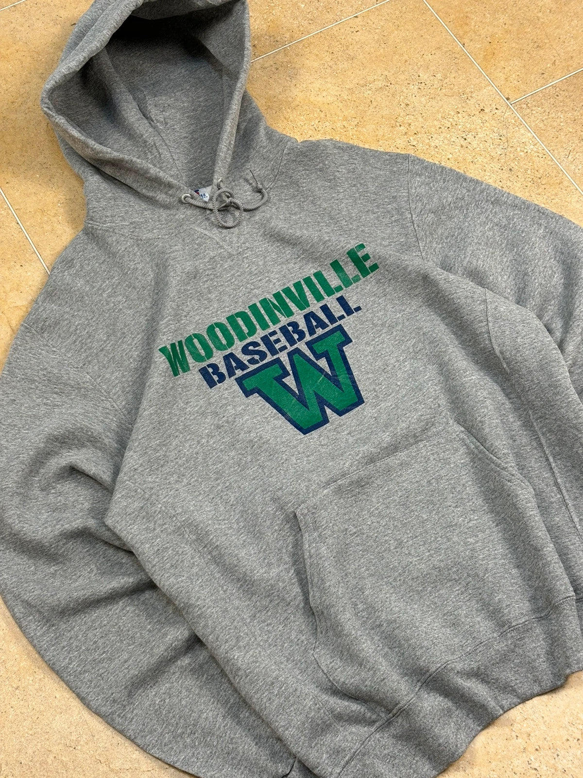 russell athletic pullover USA woodinville baseball boxy hoodie grey L Raw Retro.