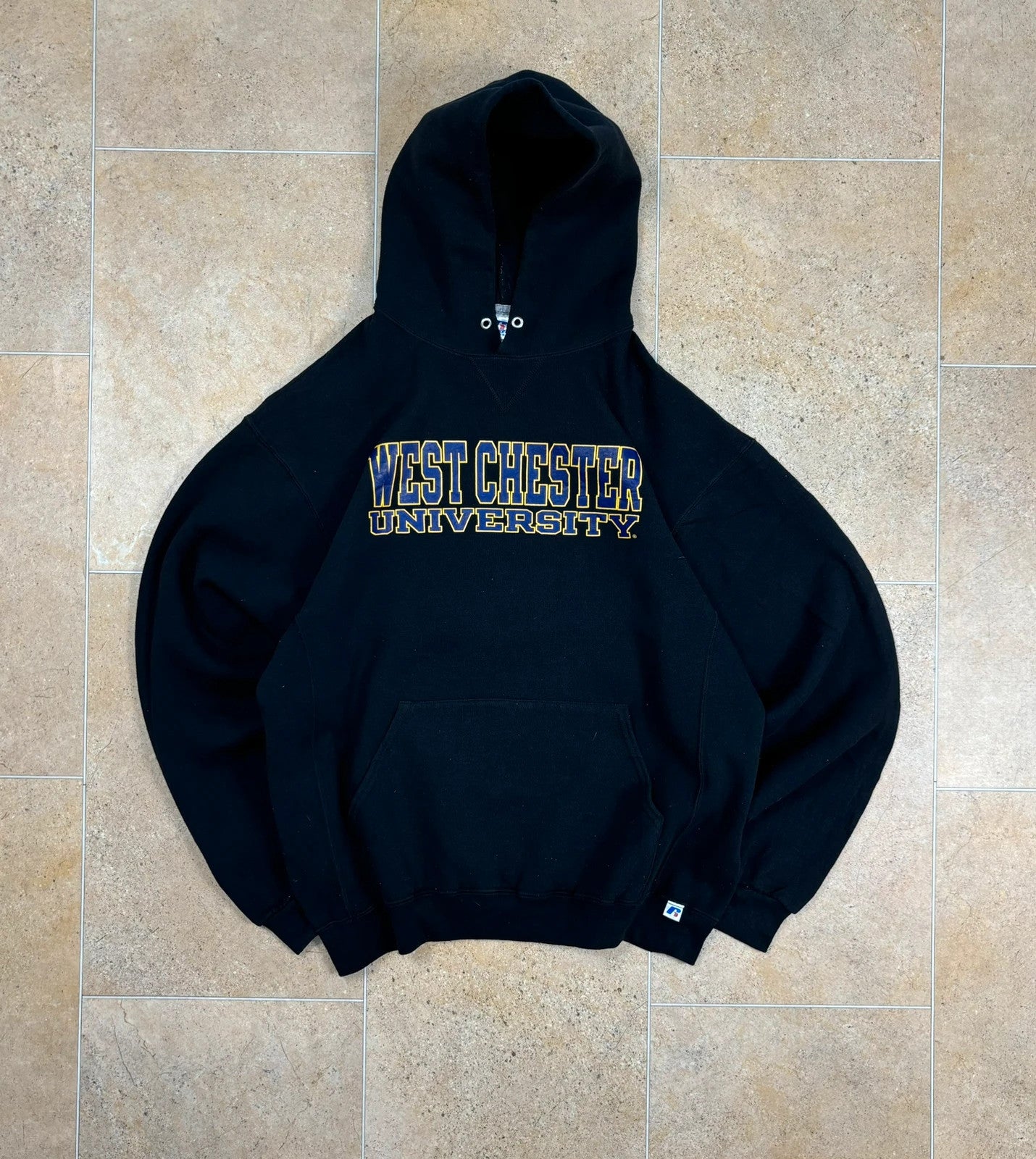 russell athletic pullover USA west chester university boxy hoodie front and back print black L Raw Retro.