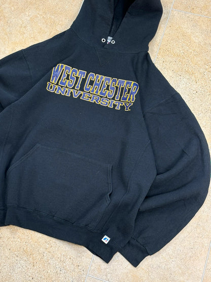 russell athletic pullover USA west chester university boxy hoodie front and back print black L Raw Retro.