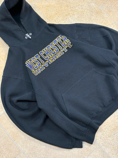 russell athletic pullover USA west chester university boxy hoodie front and back print black L Raw Retro.