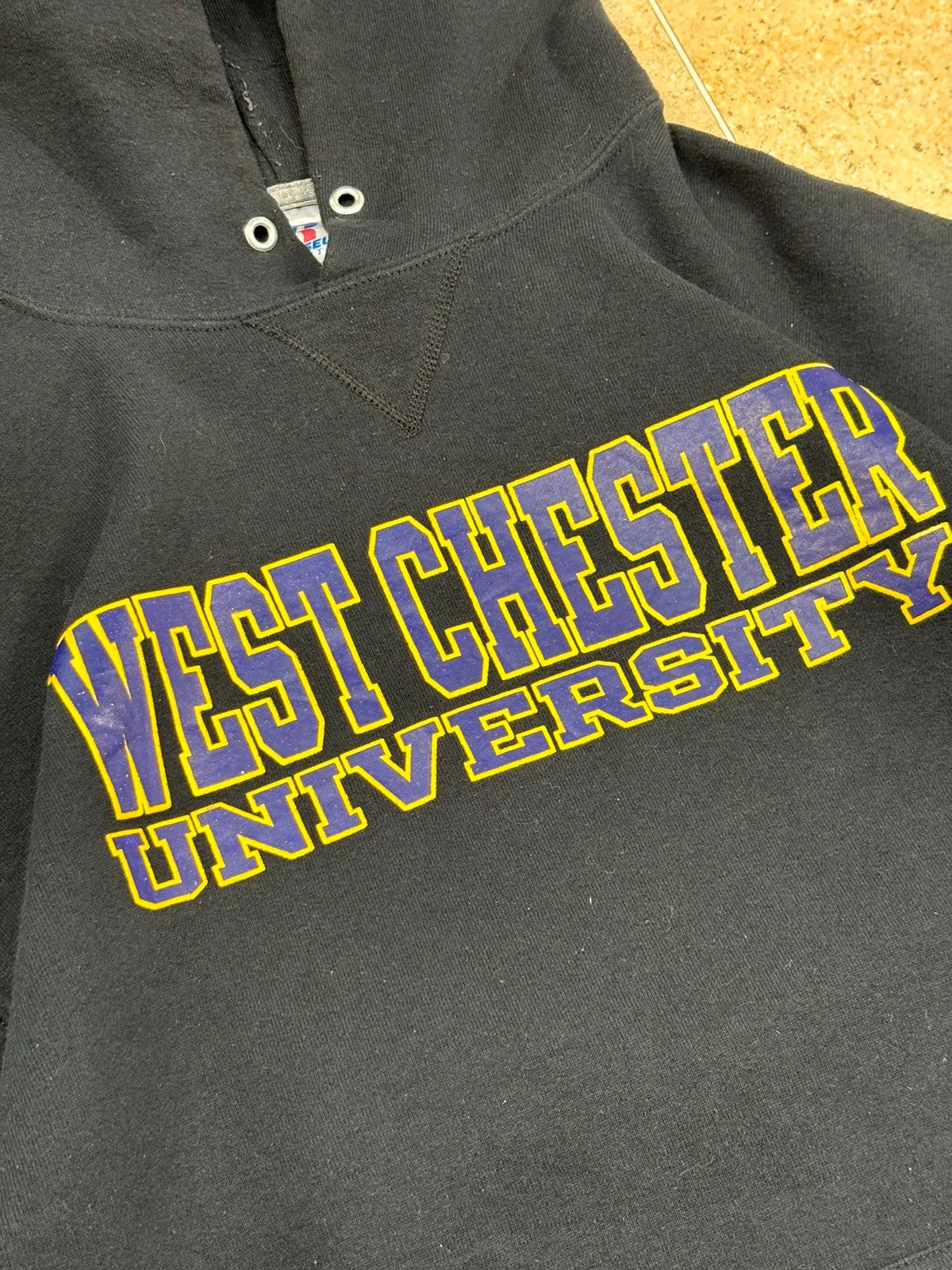 russell athletic pullover USA west chester university boxy hoodie front and back print black L Raw Retro.