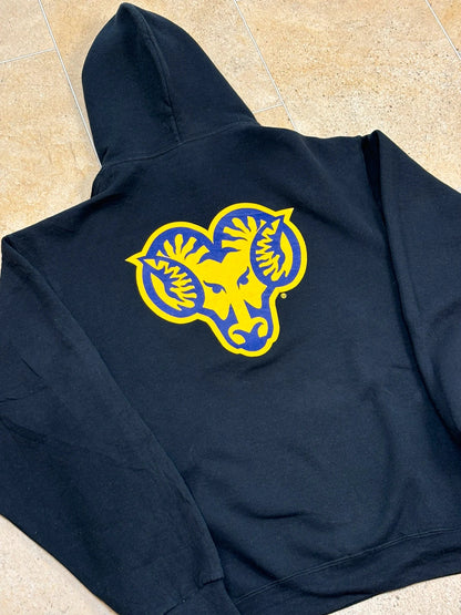 russell athletic pullover USA west chester university boxy hoodie front and back print black L Raw Retro.