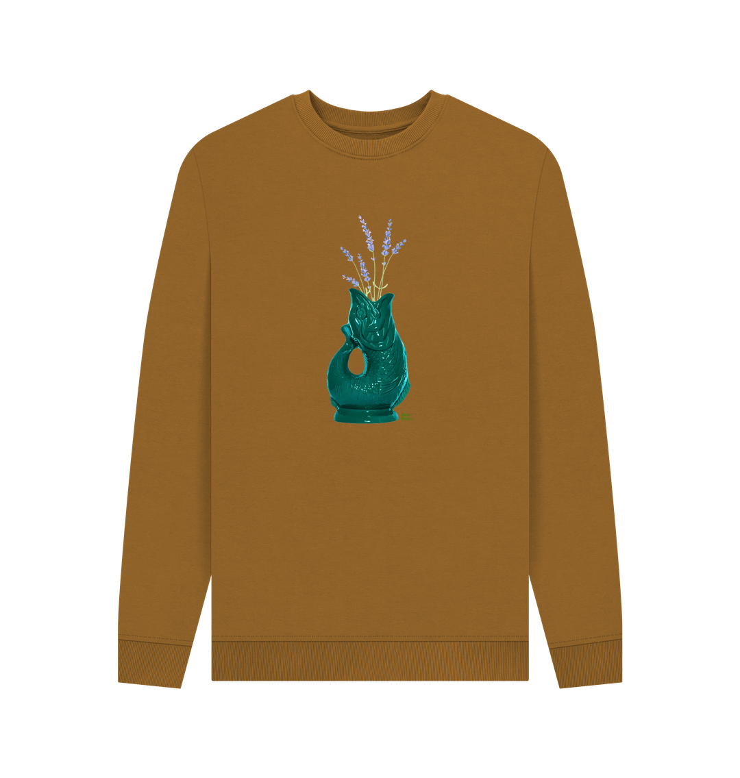 Brown Unisex Raw Retro Gluggle Jug Teal Sweatshirt With Purple Lavender Floral Print