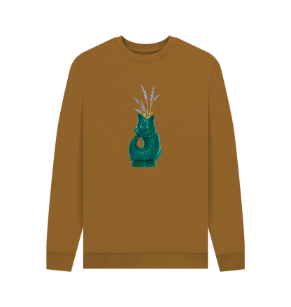 Brown Unisex Raw Retro Gluggle Jug Teal Sweatshirt With Purple Lavender Floral Print