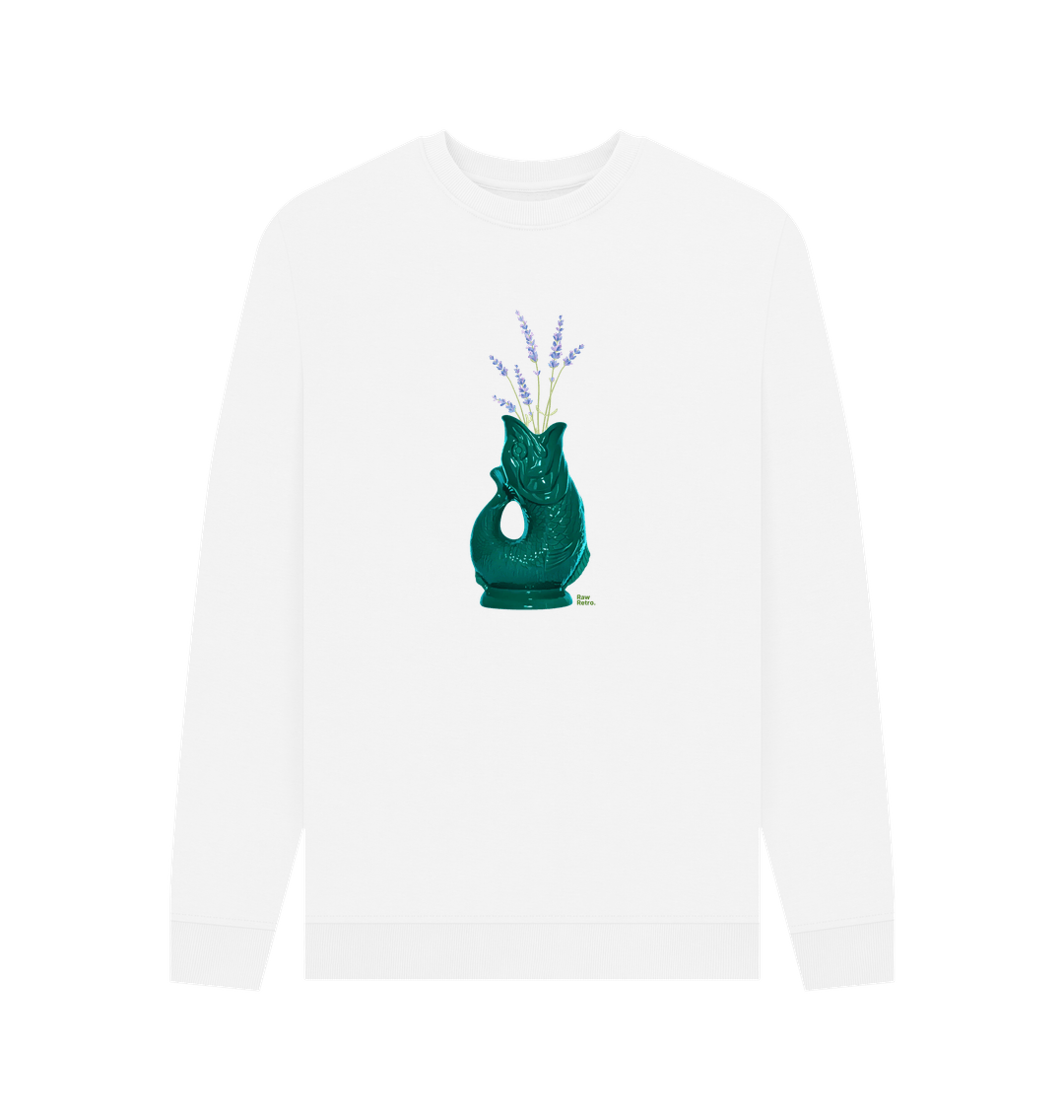 White Unisex Raw Retro Gluggle Jug Teal Sweatshirt With Purple Lavender Floral Print