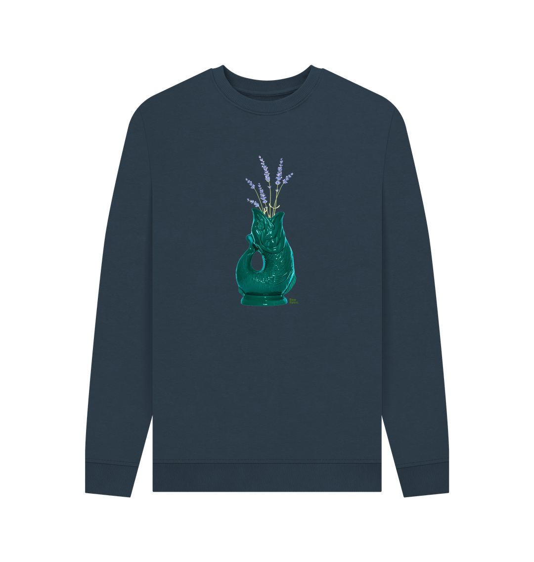 Navy Blue Unisex Raw Retro Gluggle Jug Teal Sweatshirt With Purple Lavender Floral Print