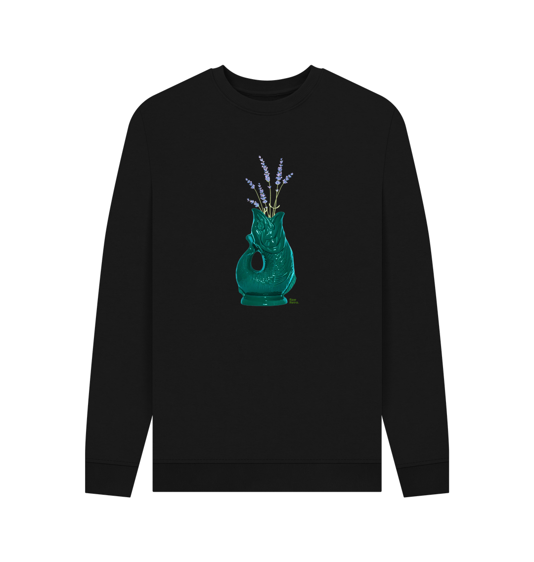 Black Unisex Raw Retro Gluggle Jug Teal Sweatshirt With Purple Lavender Floral Print