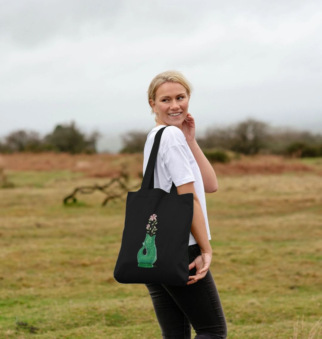 Raw Retro Gluggle Jug Green with Pink Floral Print Tote Bag - Raw Retro.