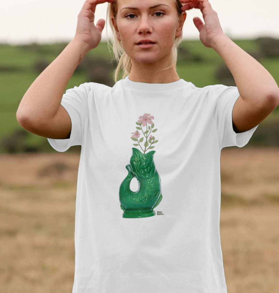 Unisex Raw Retro Gluggle Jug Green T-Shirt With Pink Floral Print - Raw Retro.