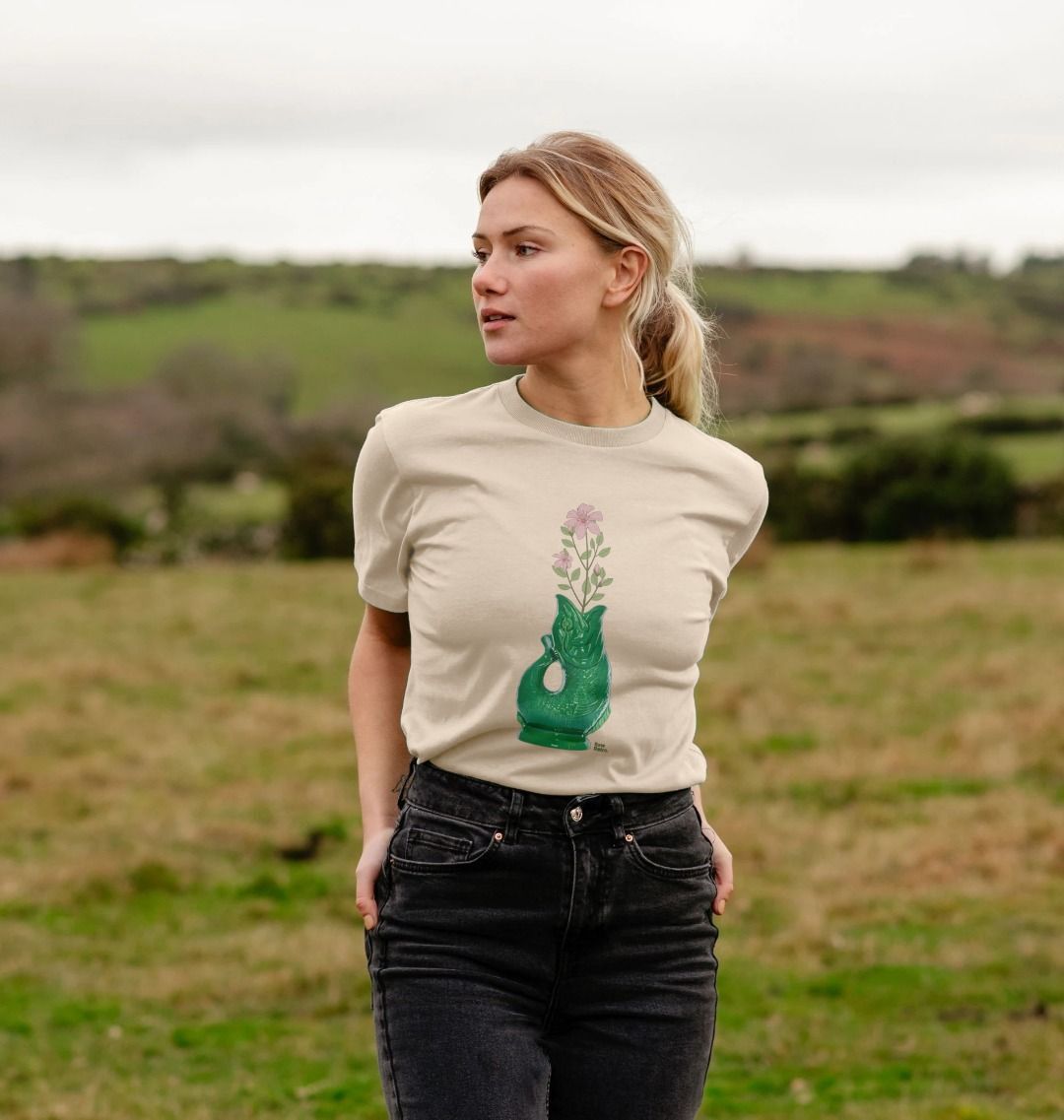 Unisex Raw Retro Gluggle Jug Green T-Shirt With Pink Floral Print - Raw Retro.