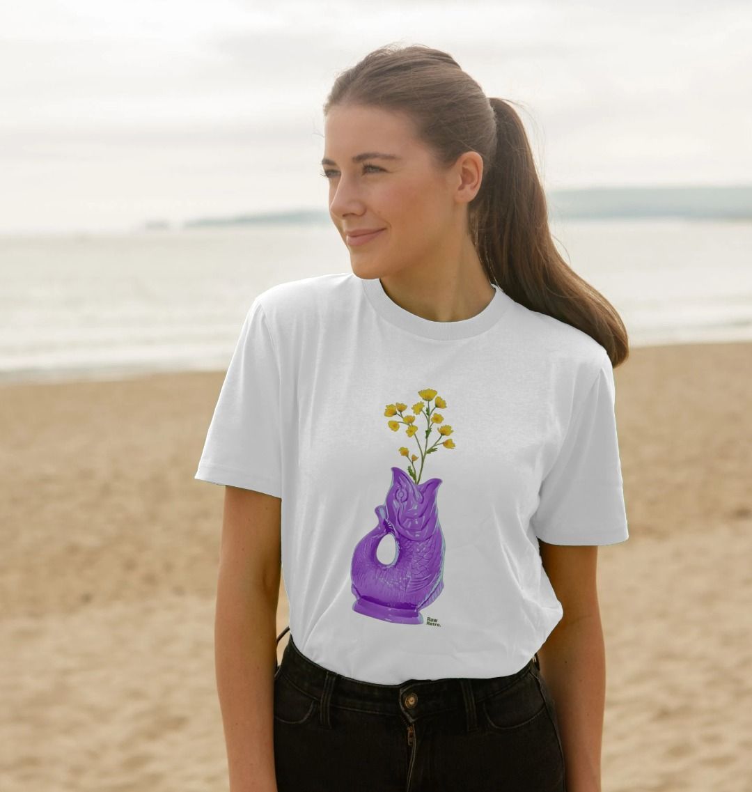 Unisex Raw Retro Gluggle Jug Purple T-Shirt with Yellow Floral Print - Raw Retro.