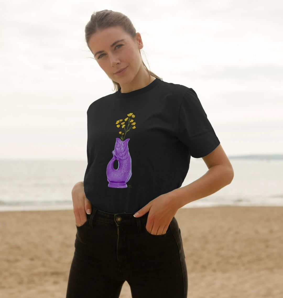 Unisex Raw Retro Gluggle Jug Purple T-Shirt with Yellow Floral Print - Raw Retro.