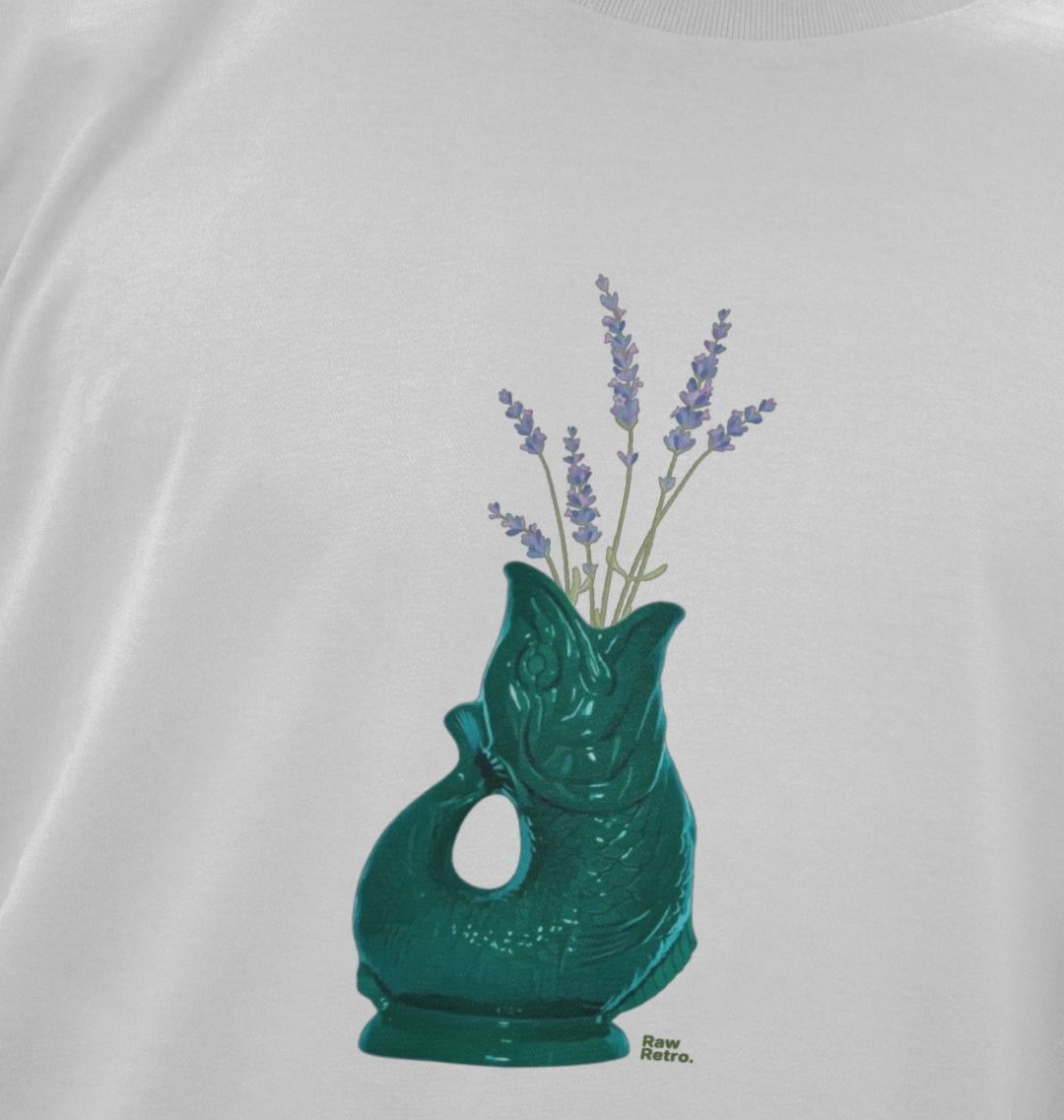 Unisex Raw Retro Gluggle Jug Teal T-Shirt With Purple Lavender Floral Print - Raw Retro.