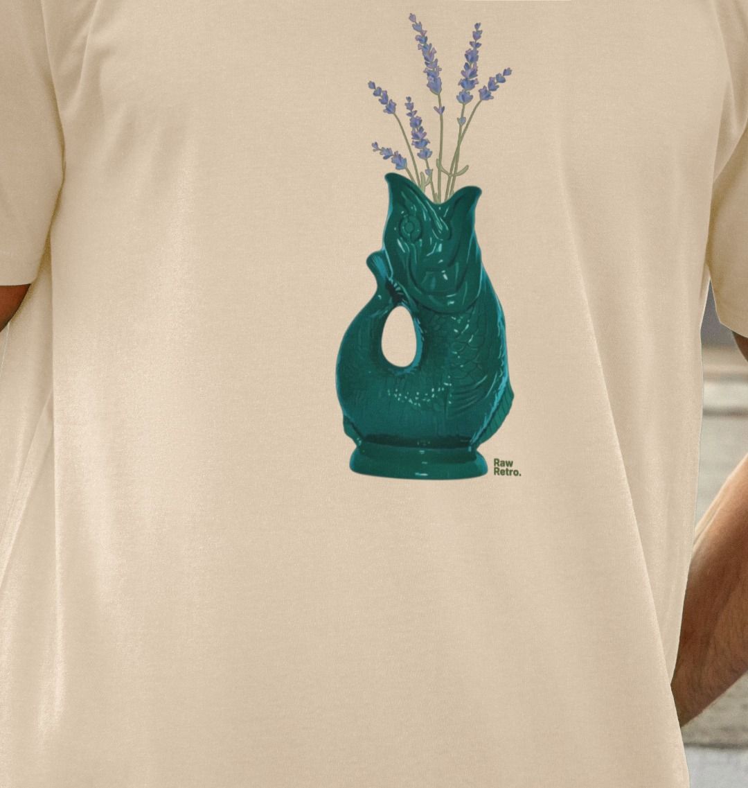 Unisex Raw Retro Gluggle Jug Teal T-Shirt With Purple Lavender Floral Print - Raw Retro.