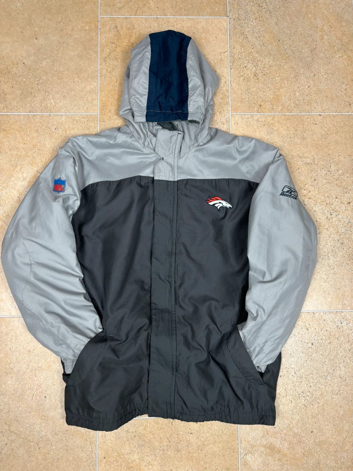 y2k NFL denver broncos fleece lined reebok windbreaker jacket with hood - Raw Retro.