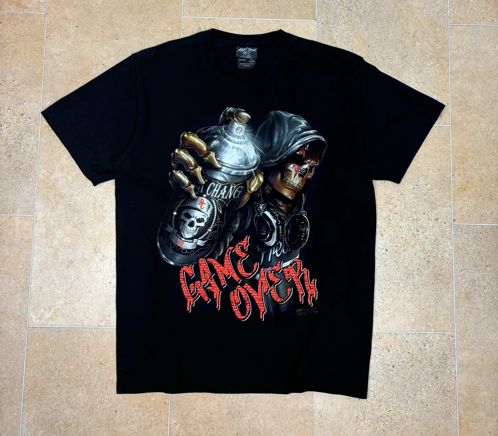 y2k skeleton 'game over' spray can 4D eyebrow piercing t-shirt - Raw Retro.