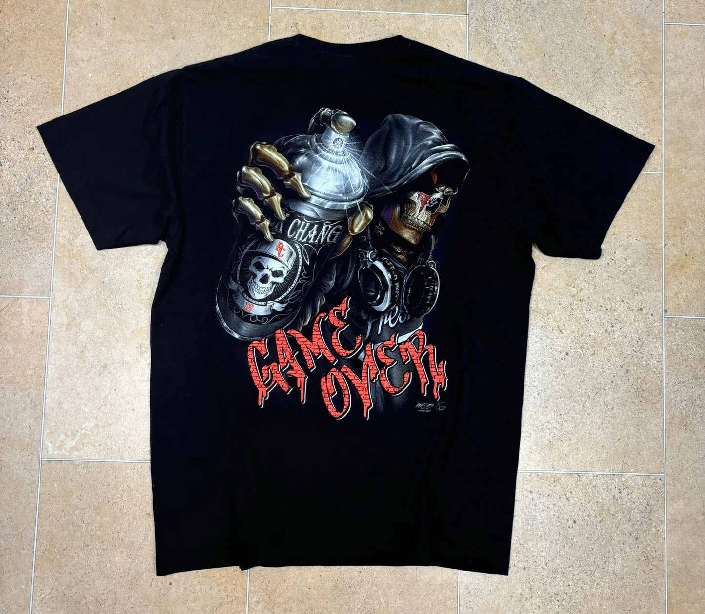 y2k skeleton 'game over' spray can 4D eyebrow piercing t-shirt - Raw Retro.